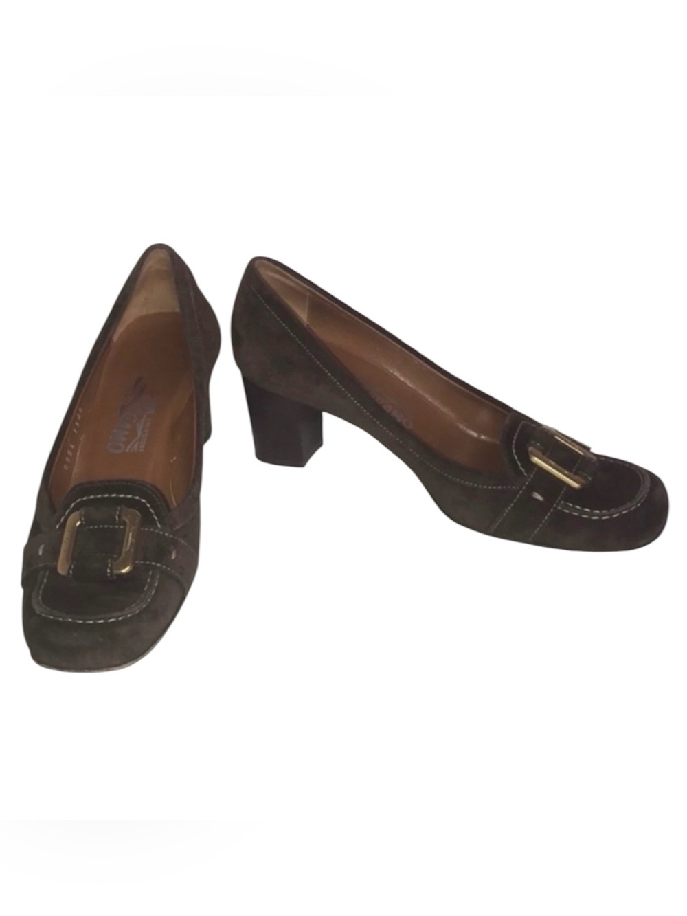 Salvatore Ferragamo Suede Oxford Loafer Block Heel Pump Brown Size 7.5